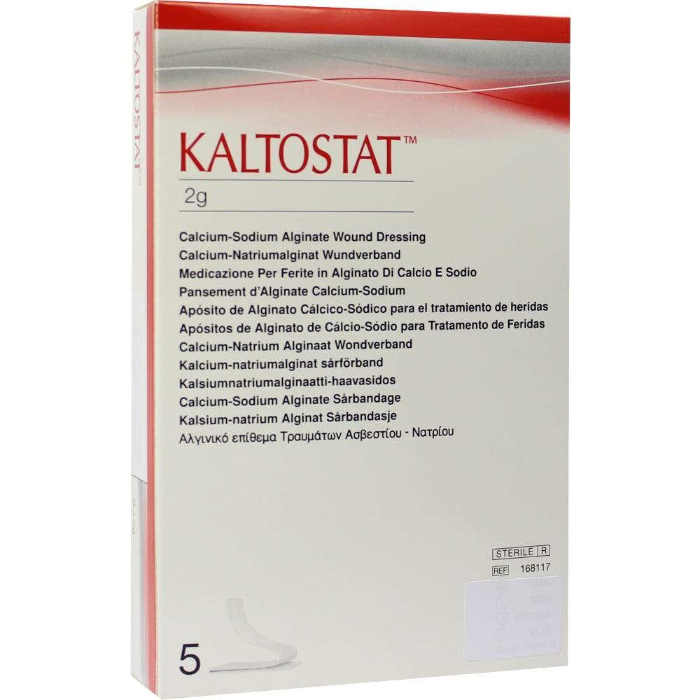 Verpackung eines Wundverbands namens "Kaltostat" aus Calcium-Natrium-Alginat.
