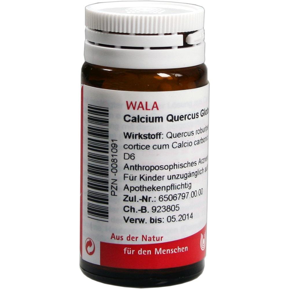Braunes Arzneiglas mit rotem und wei&szlig;em Etikett von WALA, Calcium Quercus Globuli.