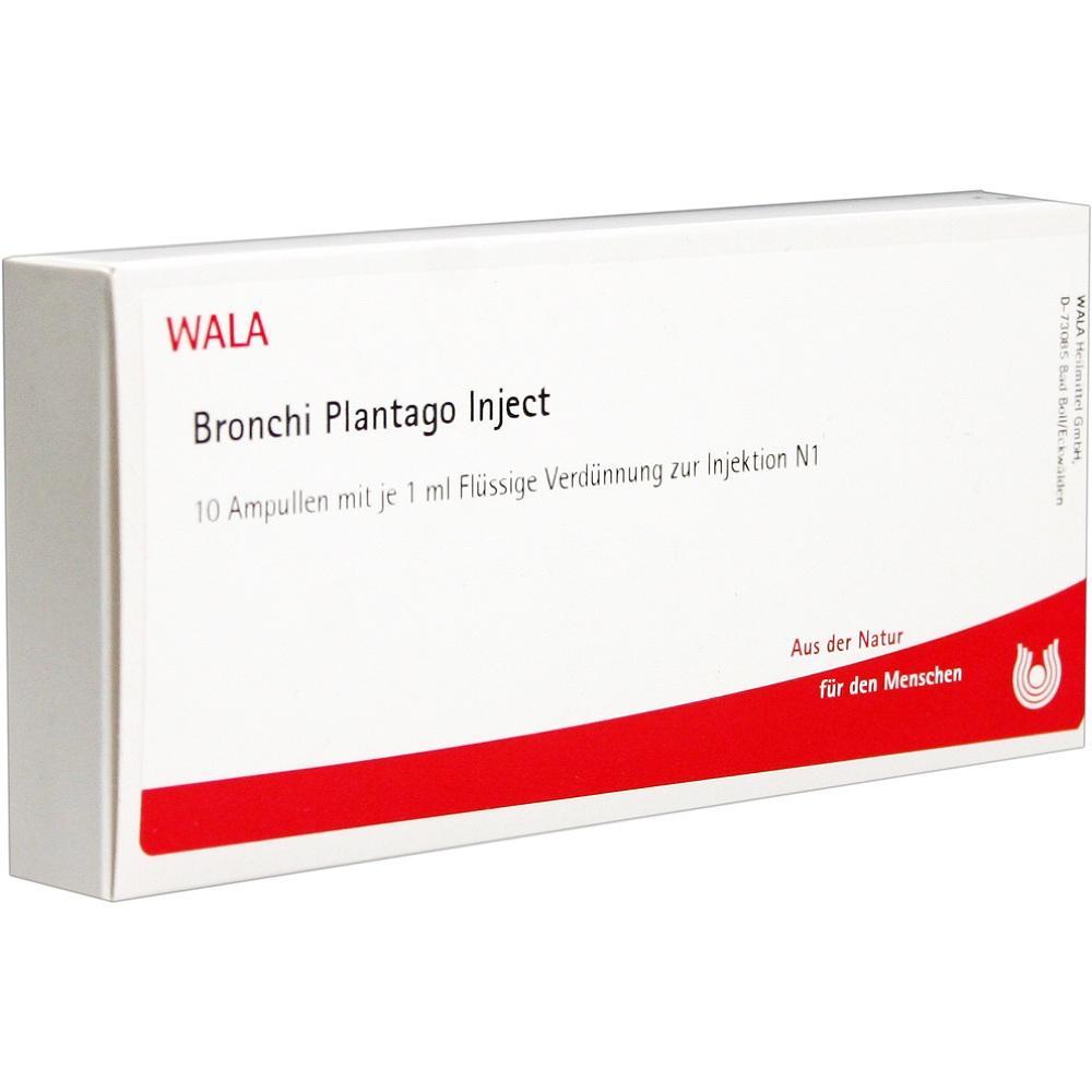 Wei&szlig;e Schachtel mit der Aufschrift "Bronchi Plantago Inject" und rotem Streifen unten.