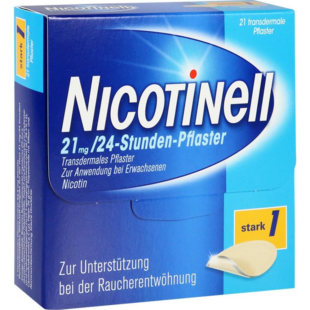 Blaue Packung mit Nikotin-Pflastern zur Raucherentw&ouml;hnung, 21 mg St&auml;rke.