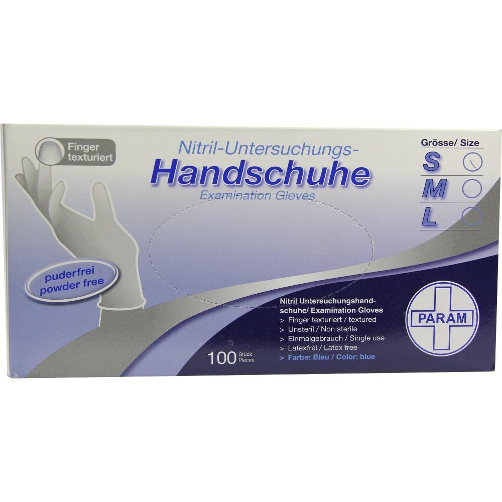 Eine Packung enth&auml;lt 100 blaue, puderfreie Nitril-Handschuhe in den Gr&ouml;&szlig;en S, M, L.