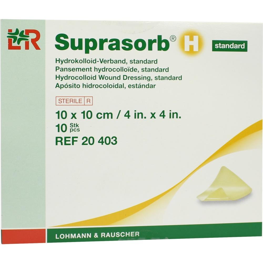 Verpackung eines Hydrocolloid-Verbands namens Suprasorb in 10x10 cm Gr&ouml;&szlig;e.