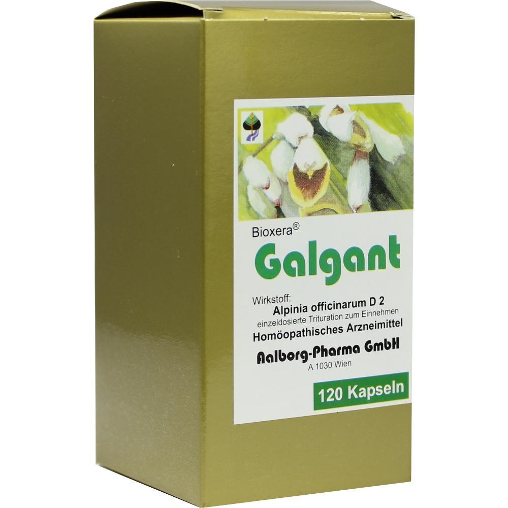 Eine goldene Schachtel mit der Aufschrift "Galgant" und 120 Kapseln.