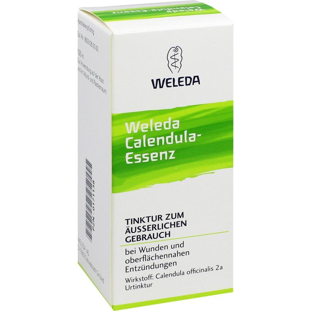 Wei&szlig;e Verpackung mit gr&uuml;nem Streifen, Aufschrift "Weleda Calendula-Essenz".