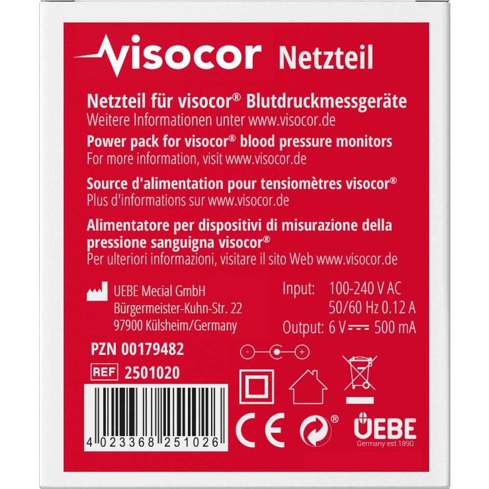 Rotes Etikett eines Viscocor Netzteils f&uuml;r Blutdruckmessger&auml;te.