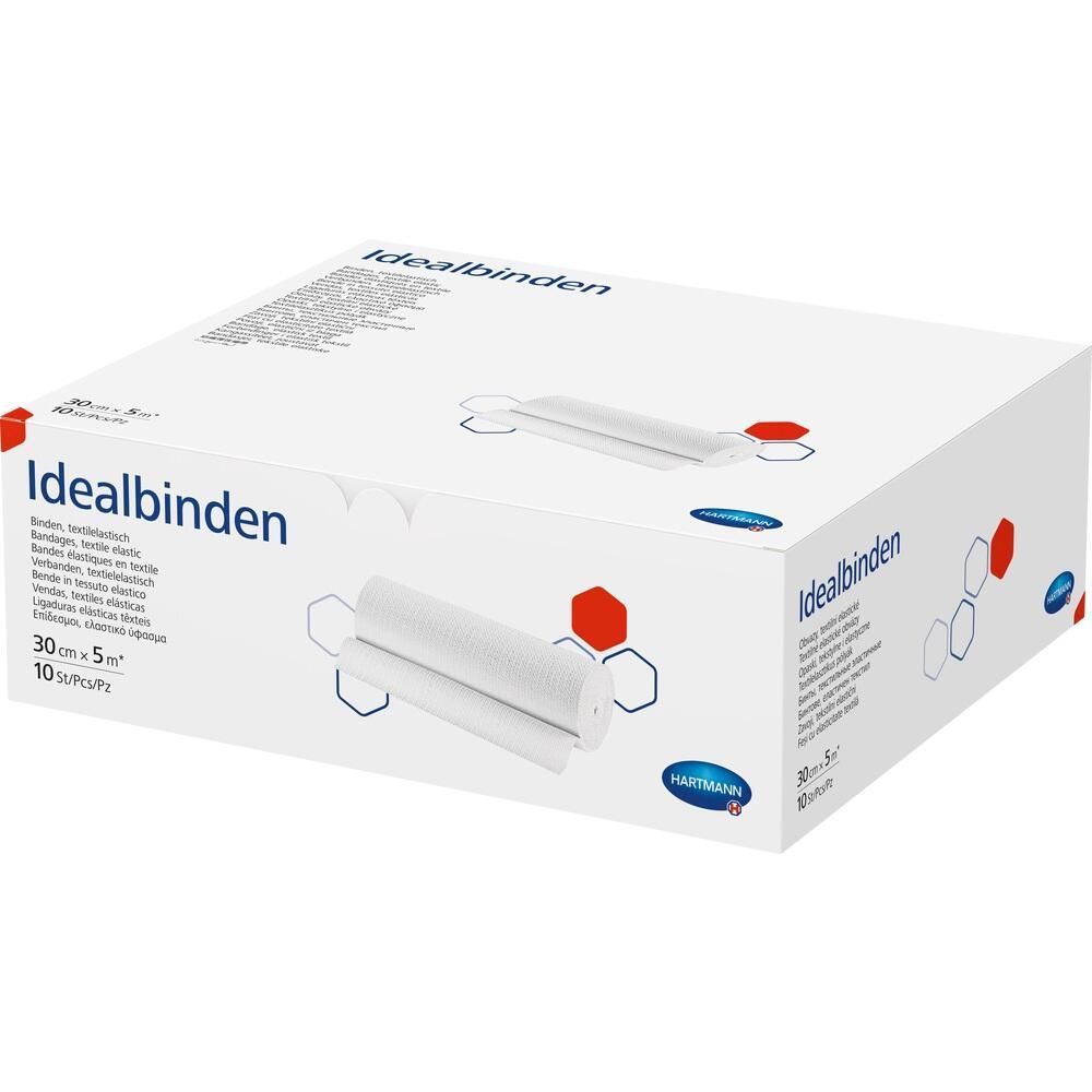Eine Schachtel mit wei&szlig;en elastischen Idealbinden von Hartmann.