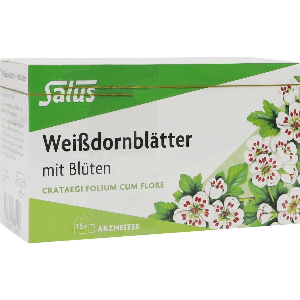 Eine Teepackung mit Wei&szlig;dornbl&auml;ttern und Bl&uuml;ten auf gr&uuml;nem Hintergrund.