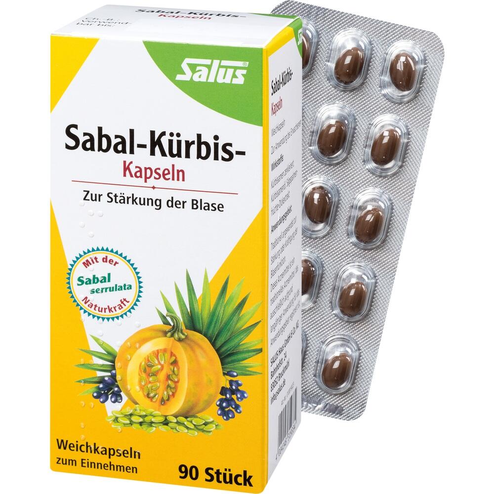 Eine Packung und Blister mit Sabal-K&uuml;rbis-Kapseln zur Unterst&uuml;tzung der Blase.