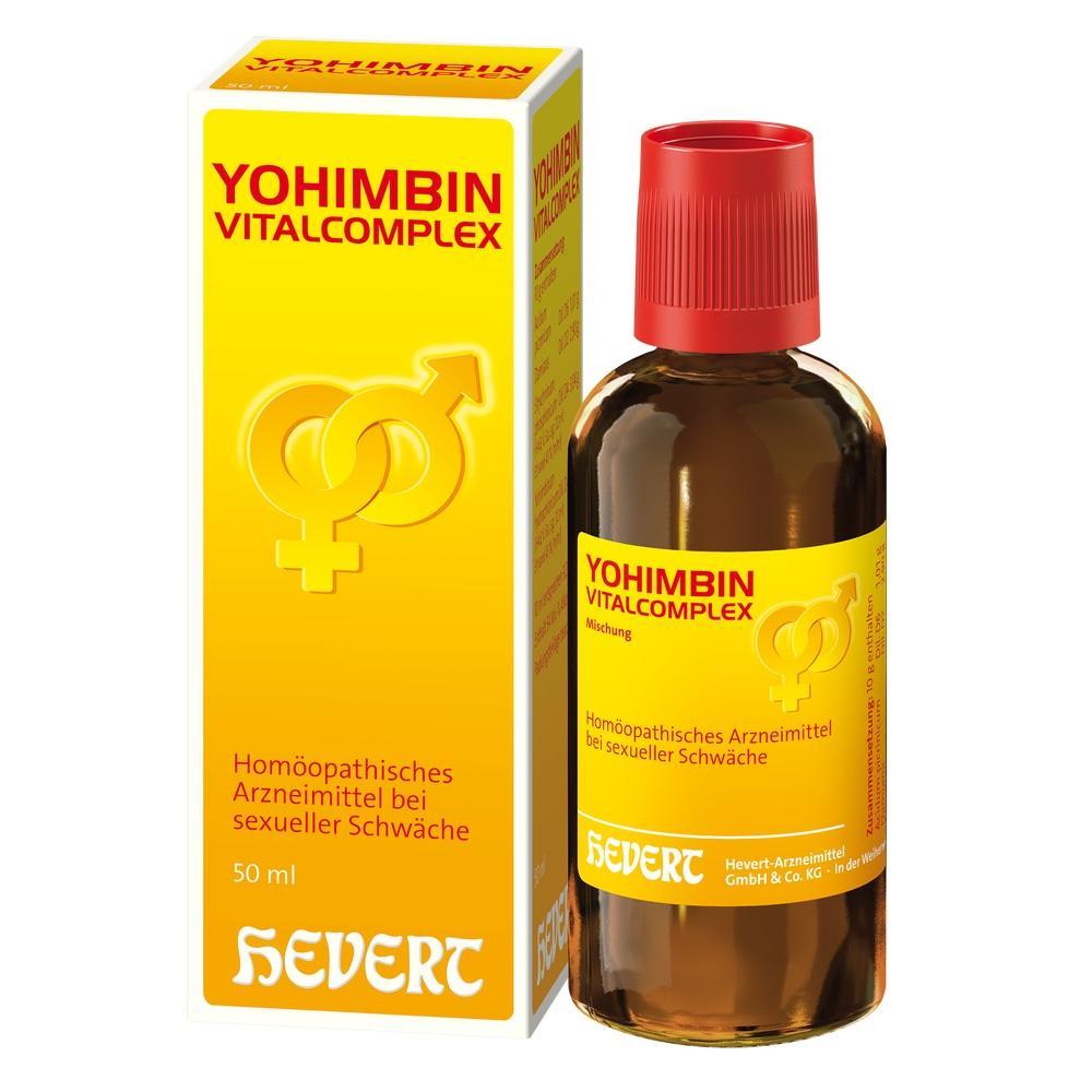Gelbes Etikett auf einer Flasche und Schachtel mit der Aufschrift "Yohimbin Vitalcomplex".