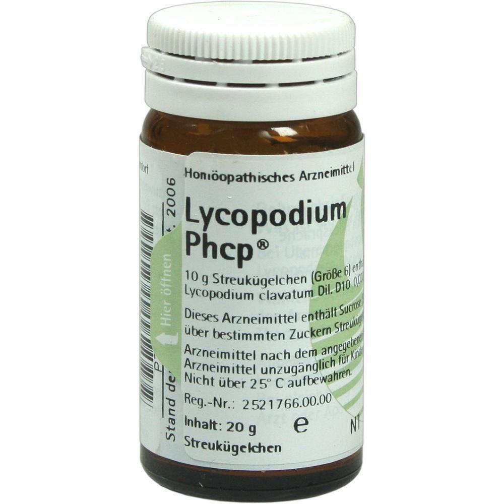 Braunes Fl&auml;schchen mit wei&szlig;em Etikett, darauf steht "Lycopodium Phcp".