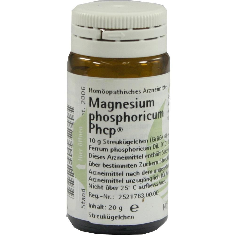 Braunes Glasfl&auml;schchen mit wei&szlig;em Deckel, beschriftet mit "Magnesium phosphoricum Phcp".
