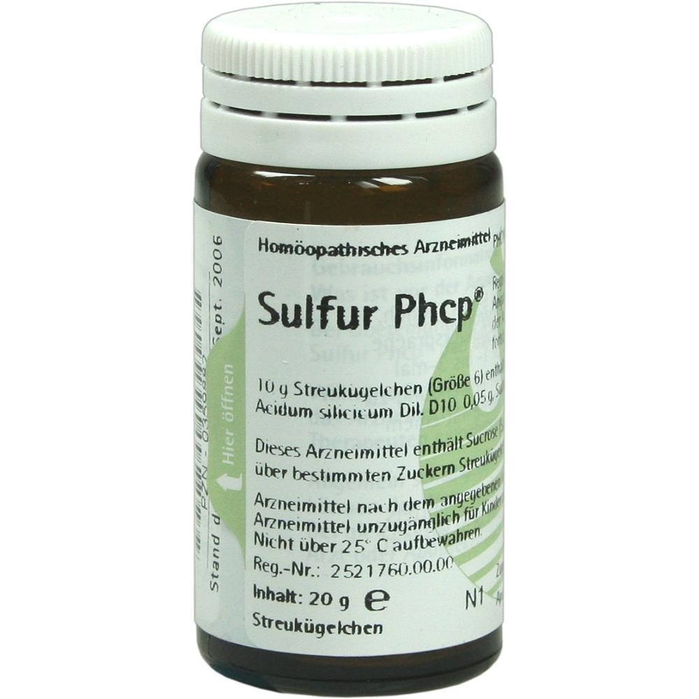 Ein braunes Glas mit hom&ouml;opathischen Streuk&uuml;gelchen namens "Sulfur Phcp".