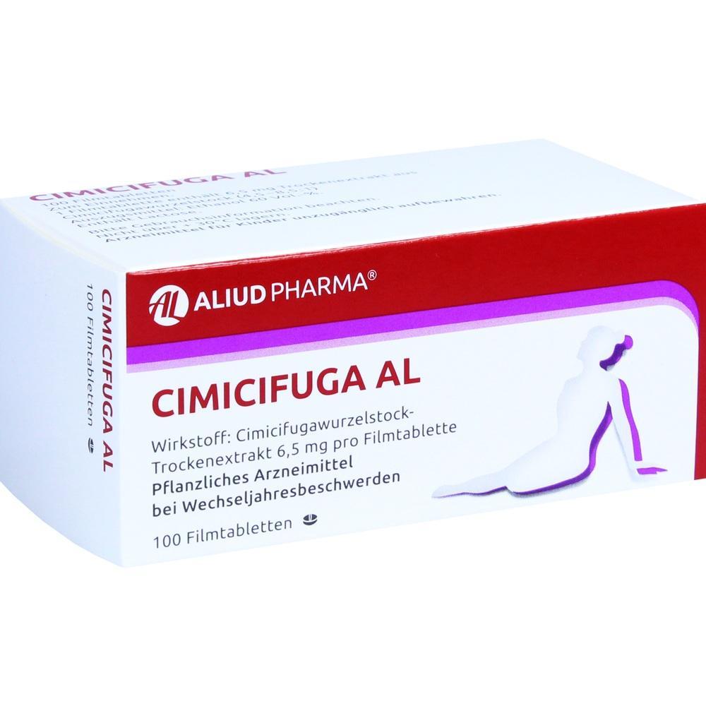 Eine Medikamentenbox mit rotem und wei&szlig;em Design und dem Namen "Cimicifuga AL".