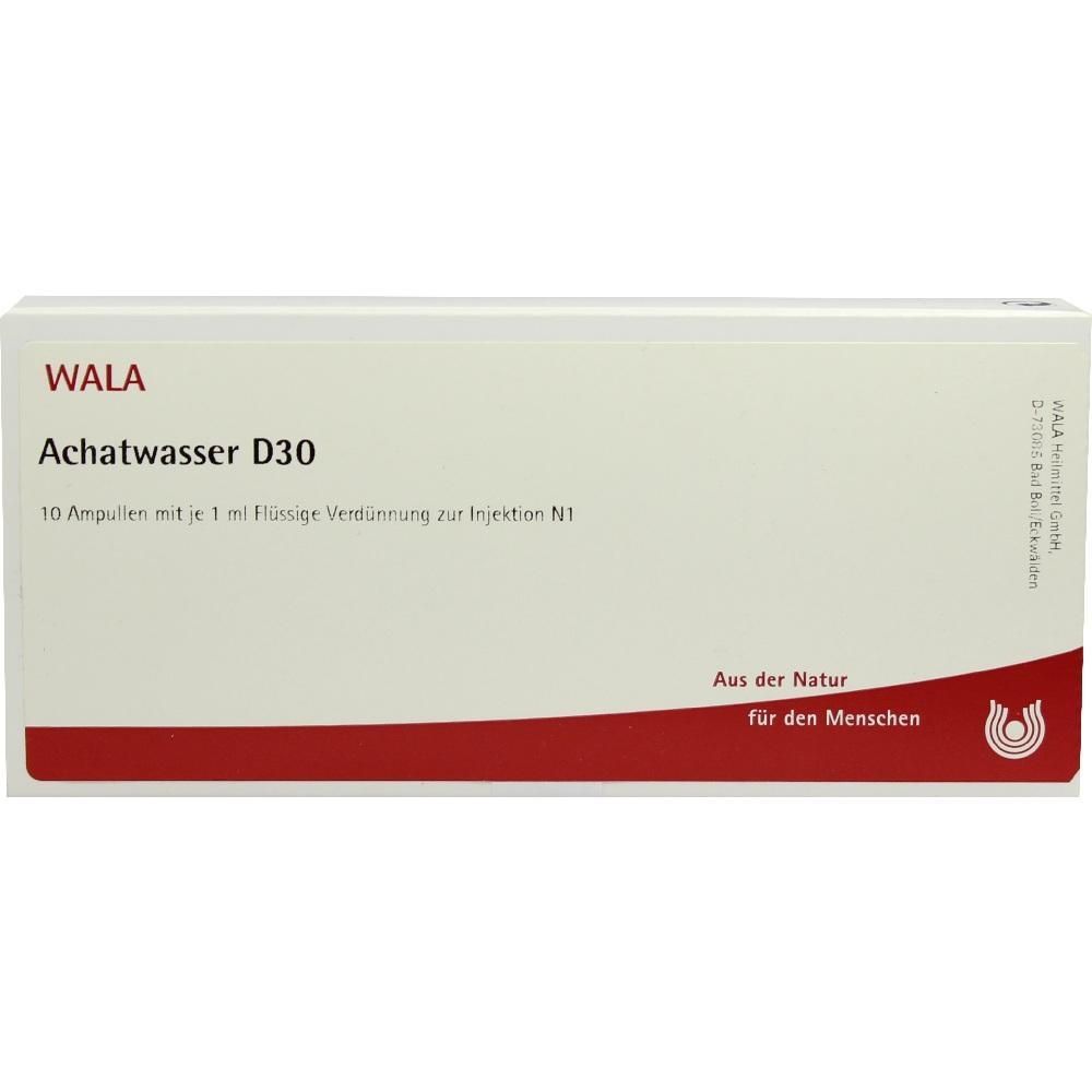 Die Packung zeigt "Achatwasser D30" mit 10 Ampullen von WALA.