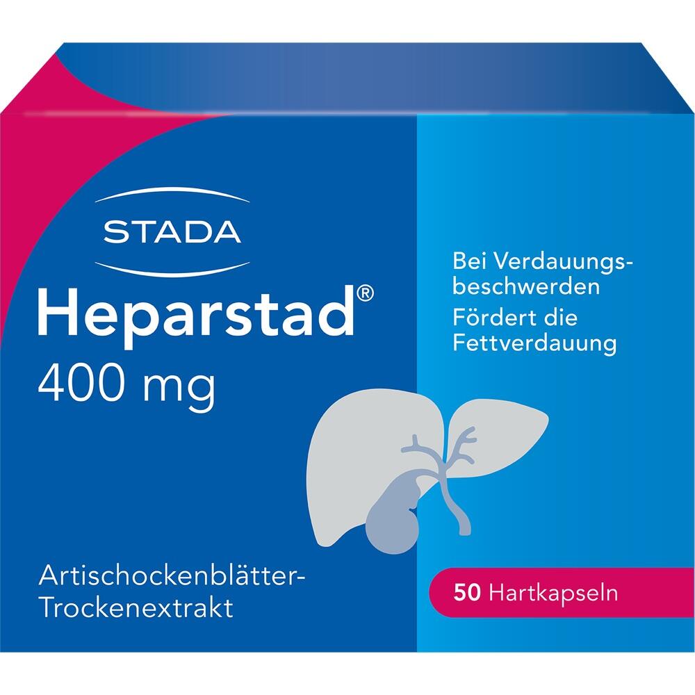 Die Packung zeigt ein Produkt f&uuml;r Verdauungsbeschwerden, mit 50 Kapseln.