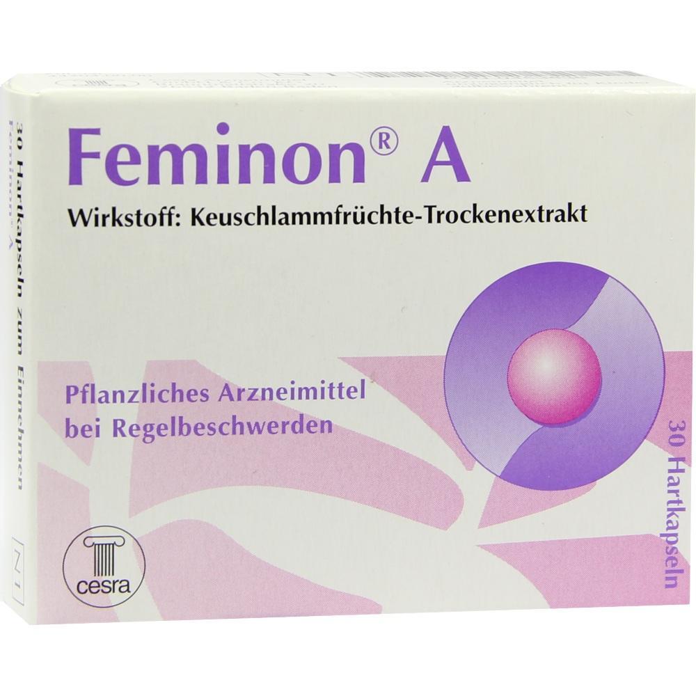 Verpackung von "Femimon A", einem pflanzlichen Mittel gegen Regelbeschwerden.