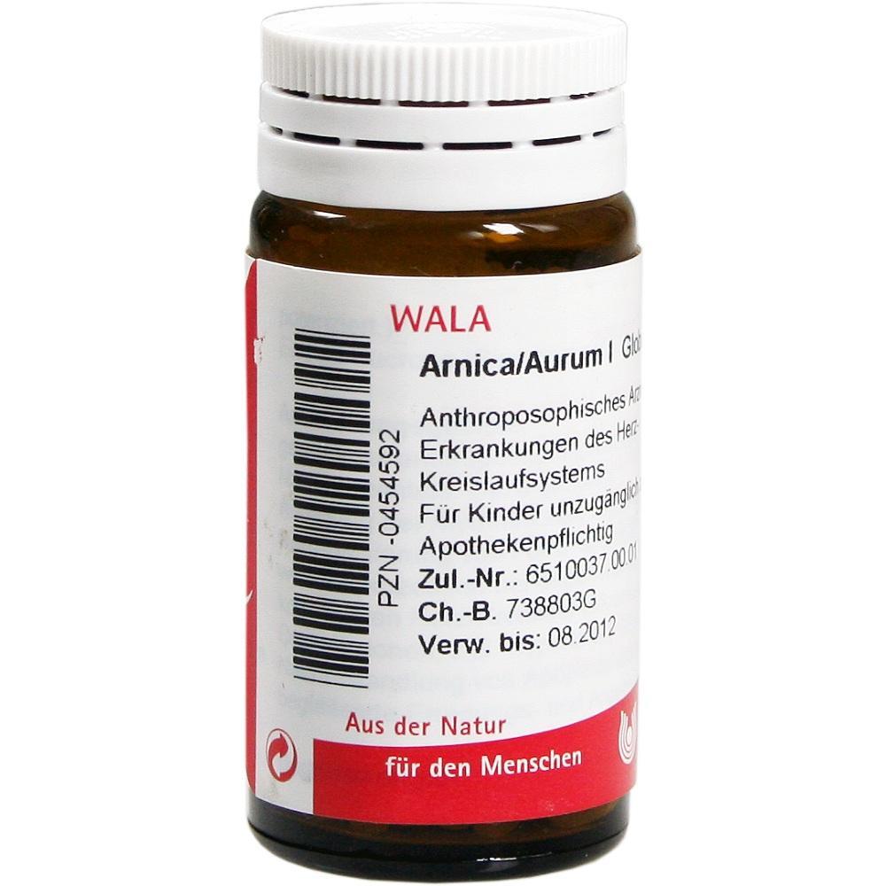 Braunes Fl&auml;schchen mit wei&szlig;em Deckel und Etikett mit Aufschrift "WALA Arnica/Aurum".