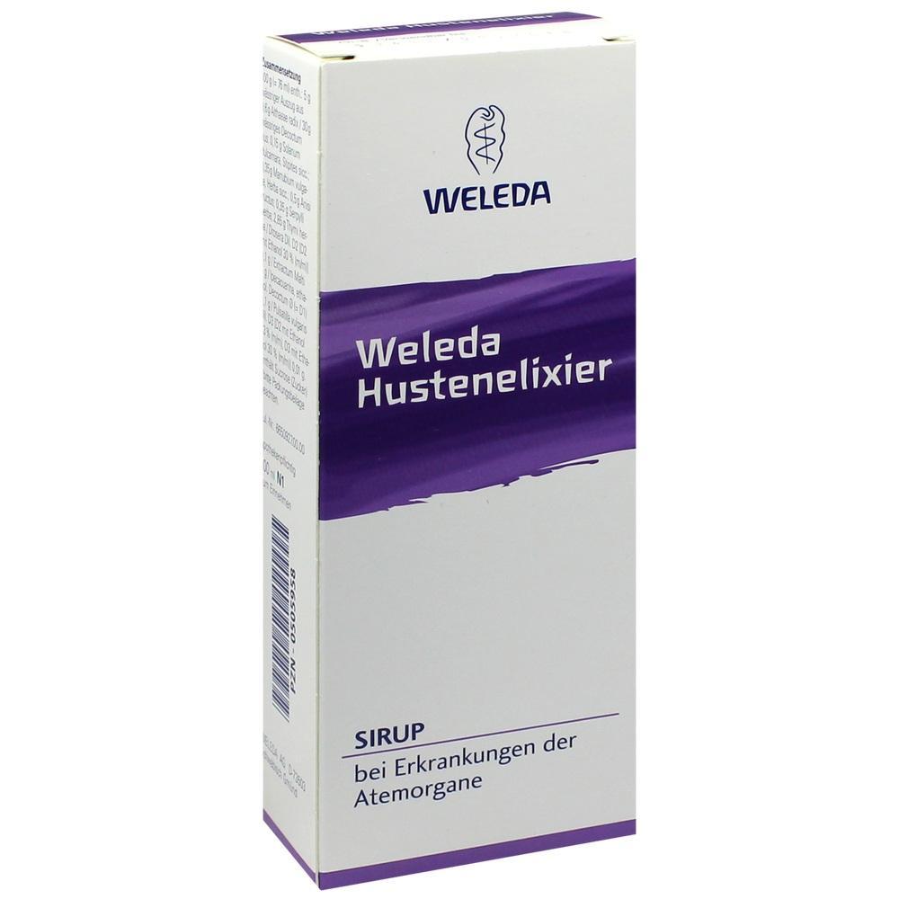 Die Packung zeigt "Weleda Hustenelixier" gegen Atemwegserkrankungen.