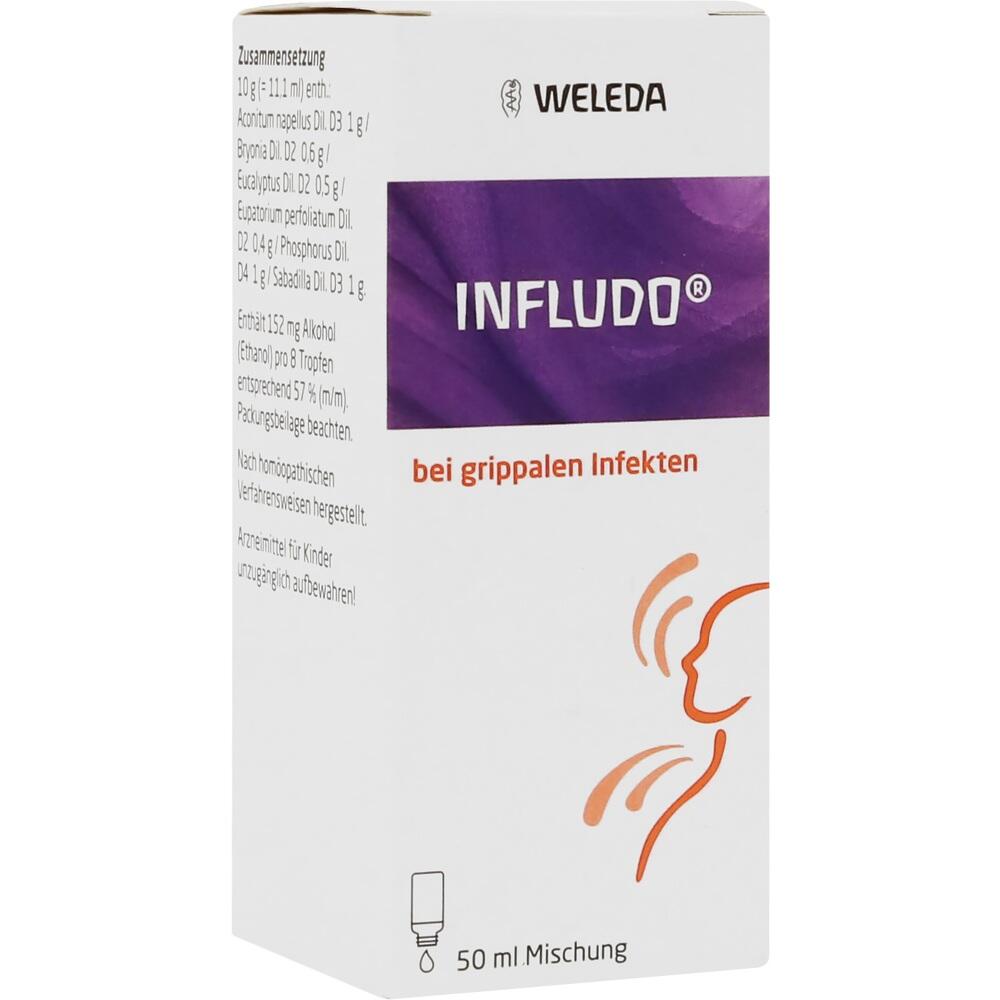 Wei&szlig;e Medikamentenverpackung mit lila Streifen und der Aufschrift &bdquo;Infludo&ldquo;.
