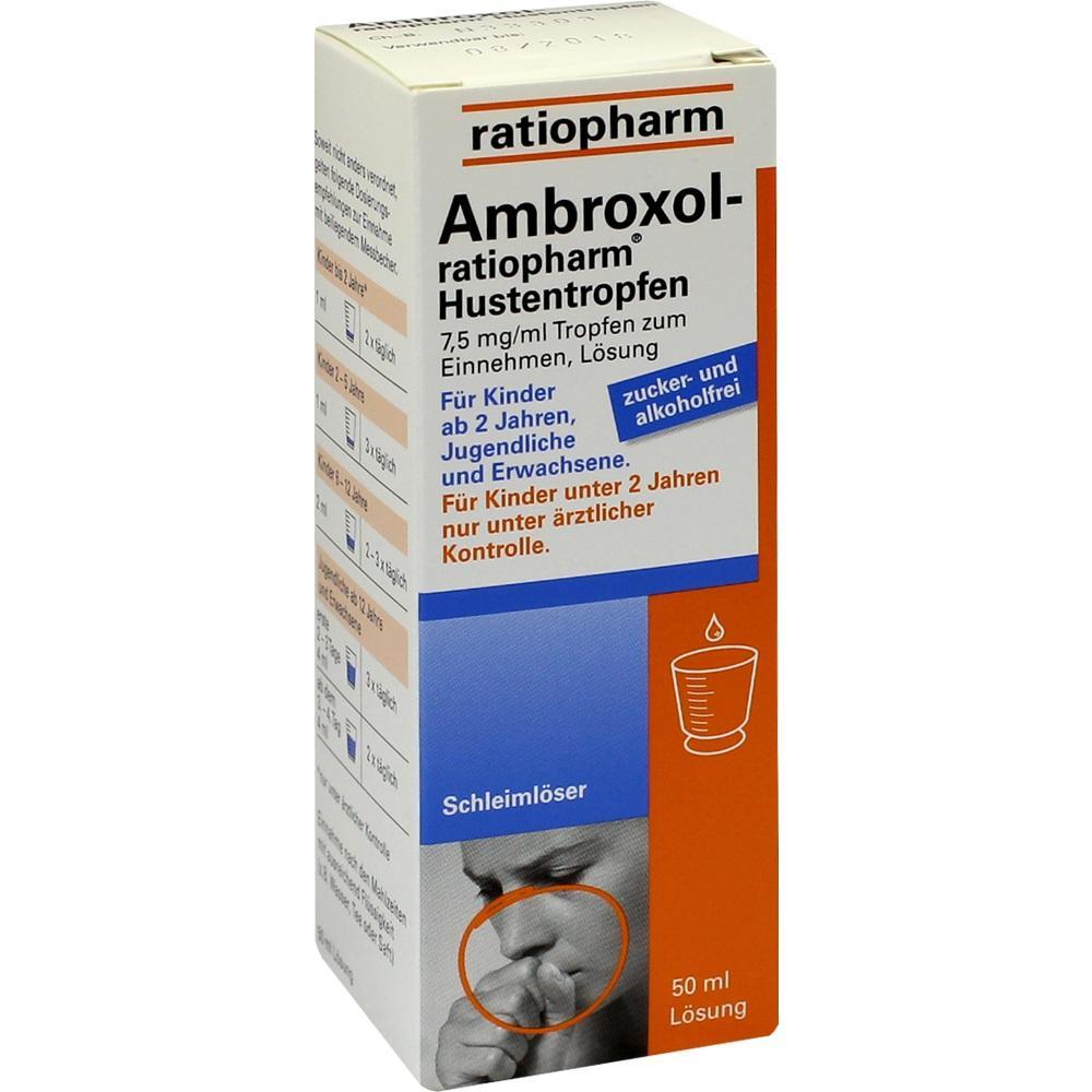 Verpackung von Ambroxol-Hustentropfen von ratiopharm, geeignet ab 2 Jahren.