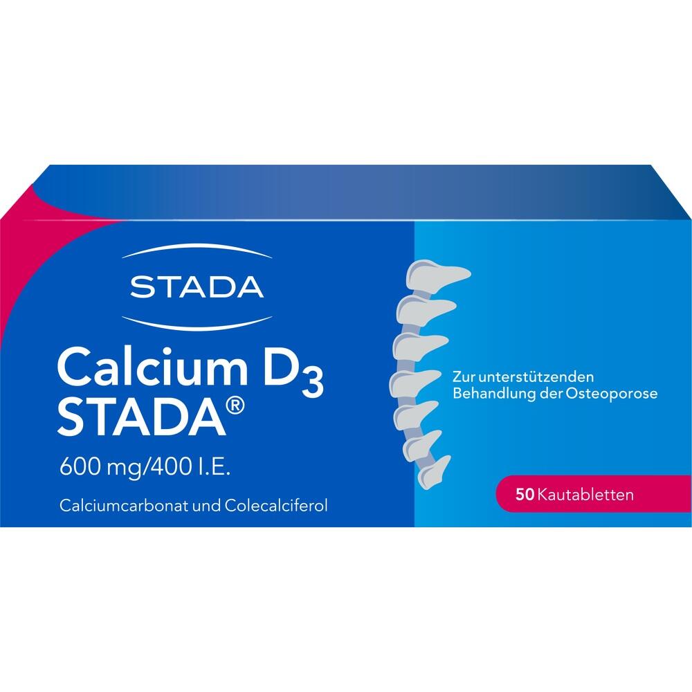 Eine blaue Medikamentenverpackung f&uuml;r Calcium D3 zur Unterst&uuml;tzung bei Osteoporose.