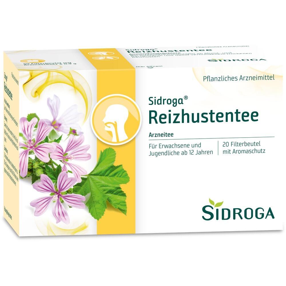 Verpackung von Sidroga Reizhustentee mit Bl&uuml;ten und gr&uuml;nen Bl&auml;ttern abgebildet.