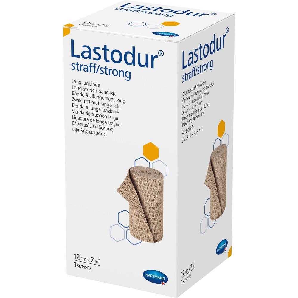 Die Verpackung zeigt eine elastische Binde mit dem Namen "Lastodur straff/strong".