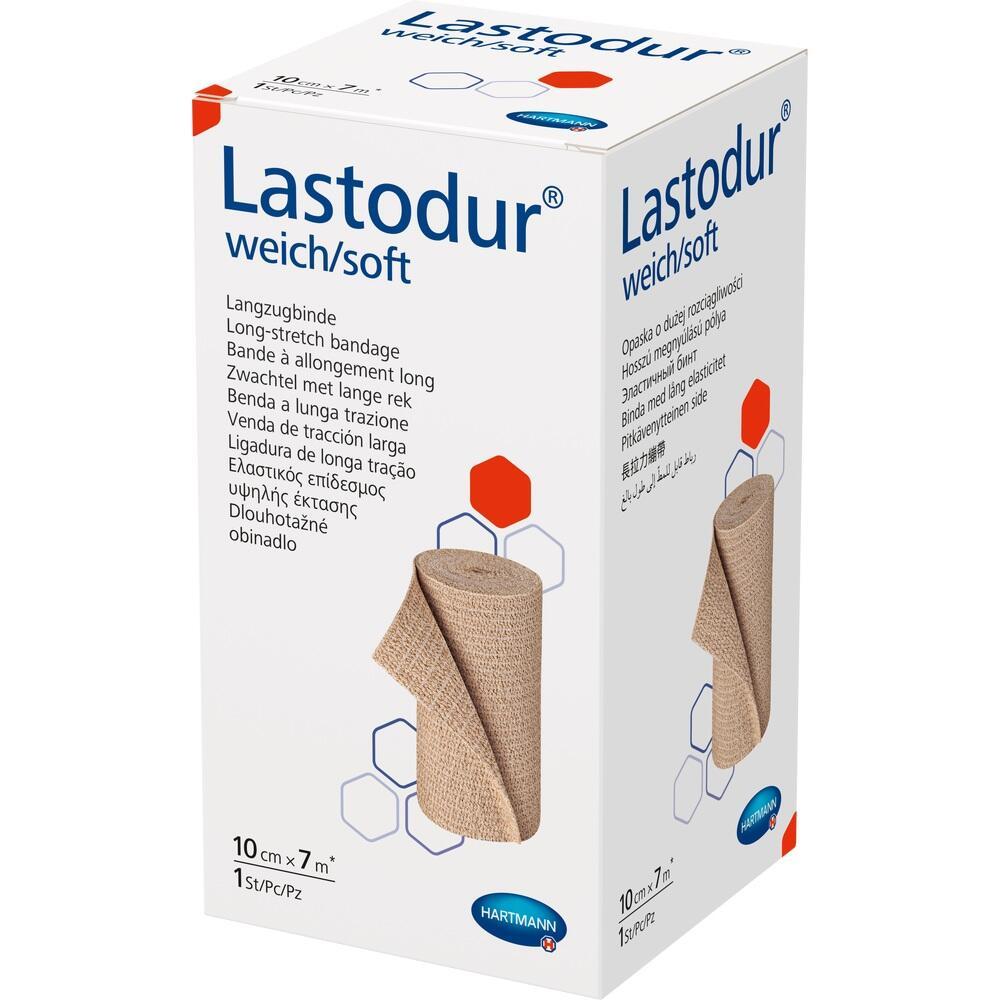 Eine Packung mit einer langen elastischen Bandage von Lastodur, weich und beige.