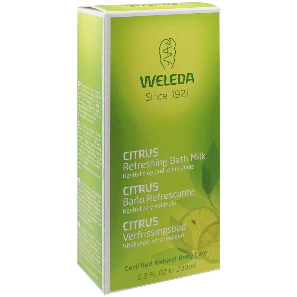 Gr&uuml;ne Verpackung von Weleda Citrus Badezusatz mit Zitronenmotiv.