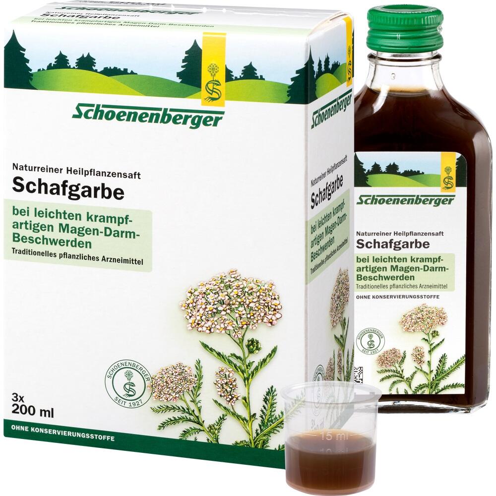 Eine Flasche Kr&auml;utersaft mit Schachtel gegen Magen-Darm-Beschwerden.