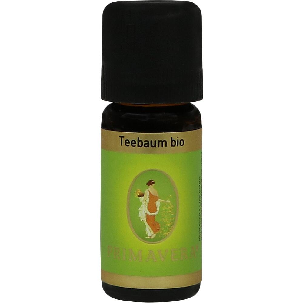 Eine braune Flasche mit schwarzem Deckel und gr&uuml;nem Etikett mit der Aufschrift "Teebaum bio".