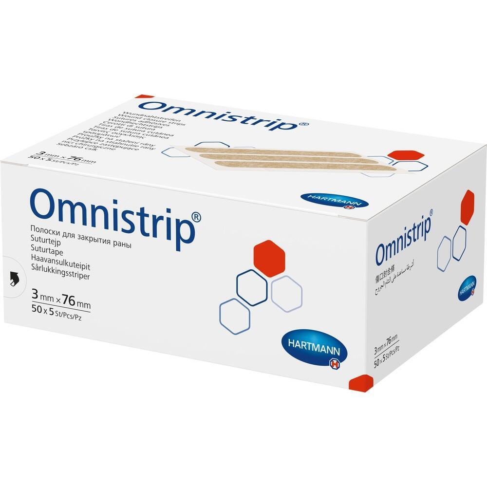 Eine wei&szlig;e Schachtel mit der Aufschrift "Omnistrip" und farbigen Hexagon-Designs.