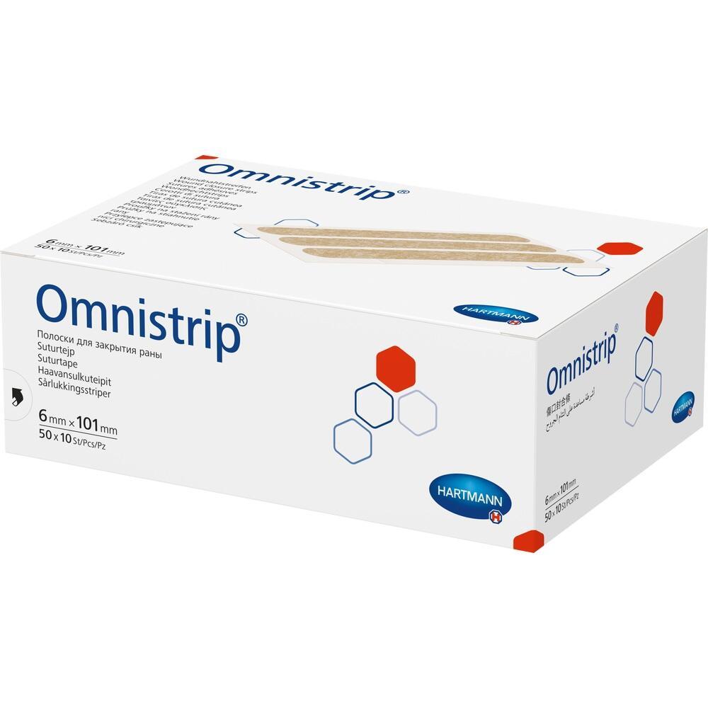 Wei&szlig;e Verpackung mit der Aufschrift "Omnistrip" und rote, blaue Sechsecke.