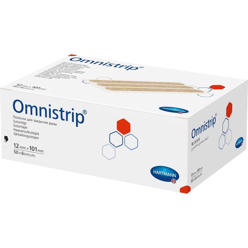 Wei&szlig;e Schachtel mit der Aufschrift "Omnistrip" und medizinischen Streifen darauf.