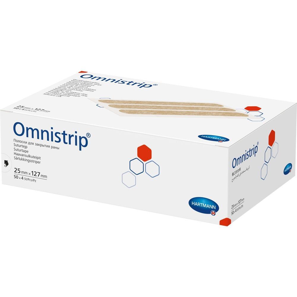 Eine wei&szlig;e Box mit der Aufschrift "Omnistrip" und blauen sowie roten Sechsecken.