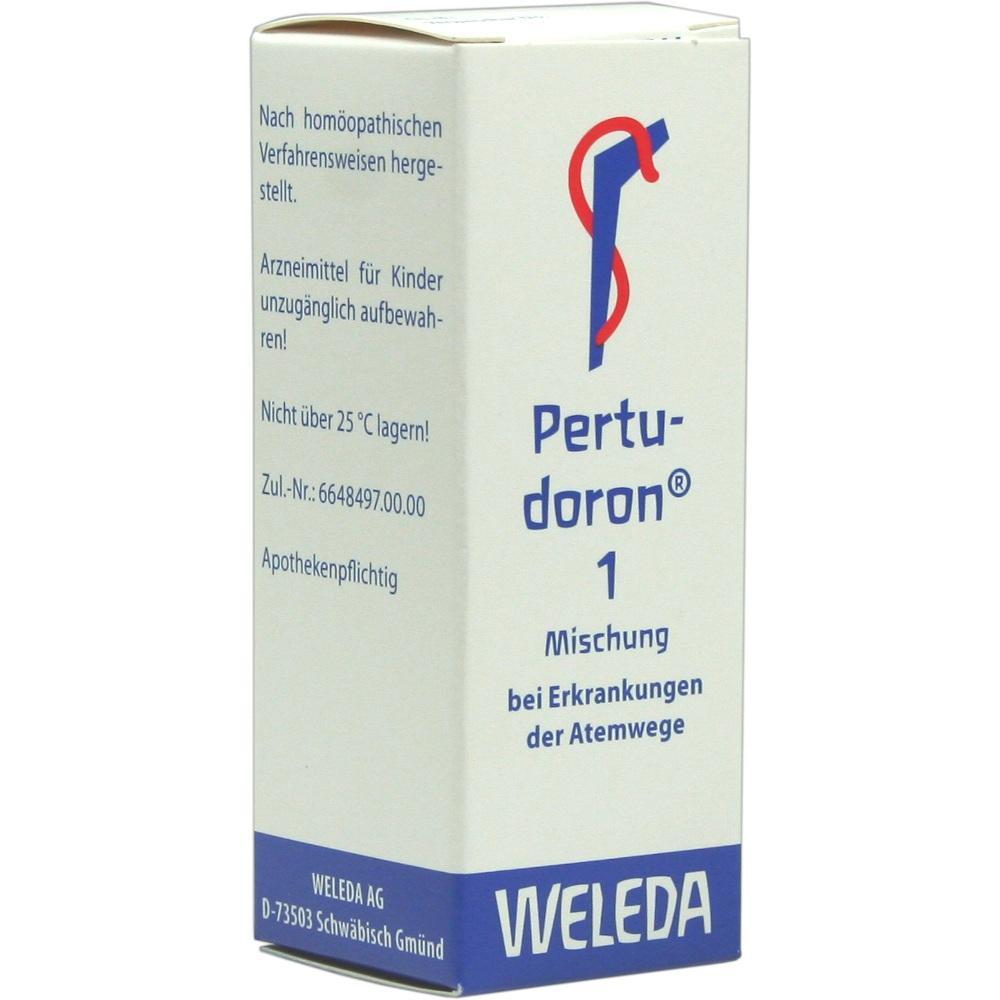 Wei&szlig;e Medikamentenschachtel mit der Aufschrift "Pertudoron 1" von Weleda.
