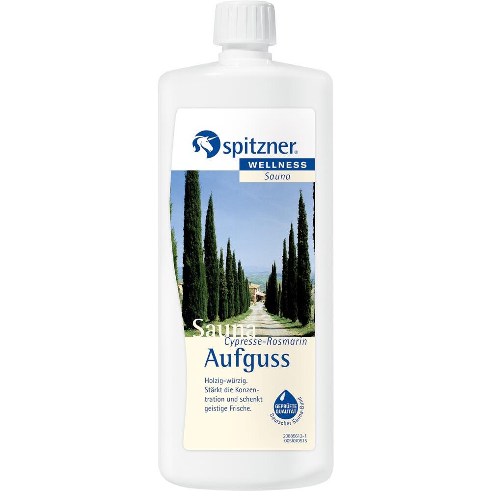 Wei&szlig;e Flasche mit Sauna-Aufguss, darauf eine Zypressenallee abgebildet.