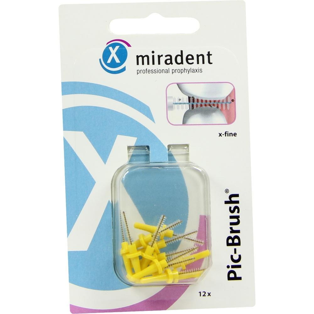 Verpackung mit zw&ouml;lf gelben Zahnzwischenraumb&uuml;rsten von Miradent.