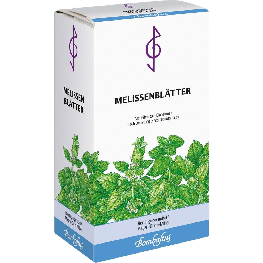 Eine Packung mit dem Aufdruck "Melissenbl&auml;tter" und einem Bild von gr&uuml;nen Bl&auml;ttern.