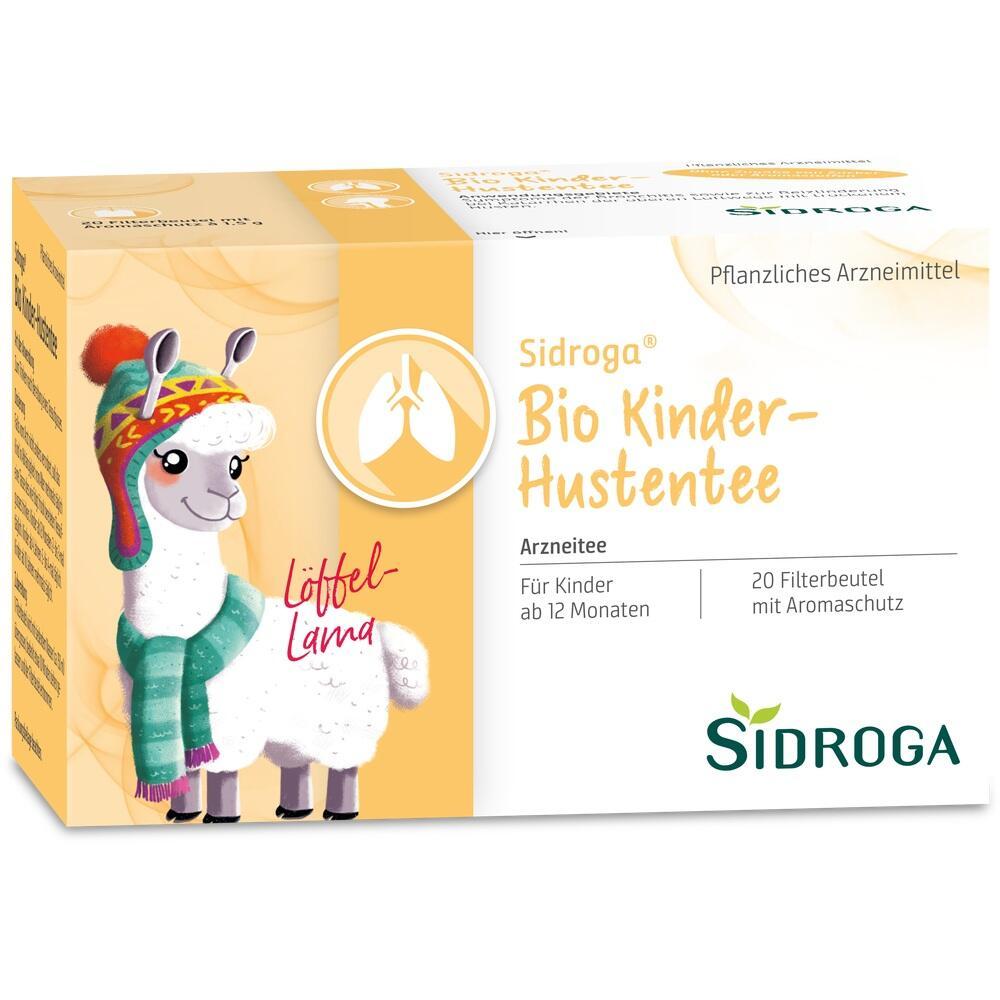 Verpackung von Bio-Kinder-Hustentee mit gezeichnetem Lama im Schal und M&uuml;tze.