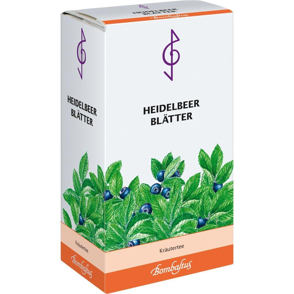 Eine Teepackung mit Heidelbeerbl&auml;ttern und gr&uuml;n-blauer Illustration auf der Vorderseite.