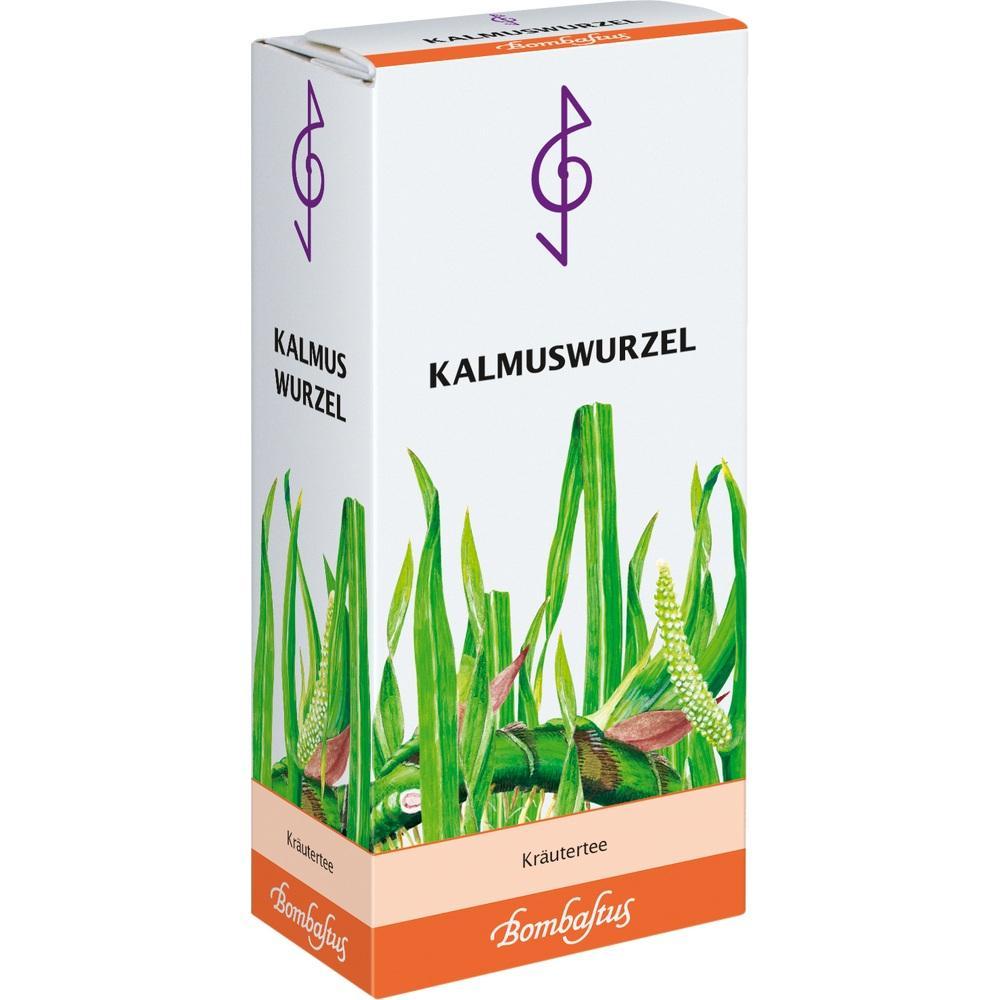 Eine Verpackung f&uuml;r Kr&auml;utertee mit der Aufschrift "Kalmuswurzel" und Pflanzenbild.