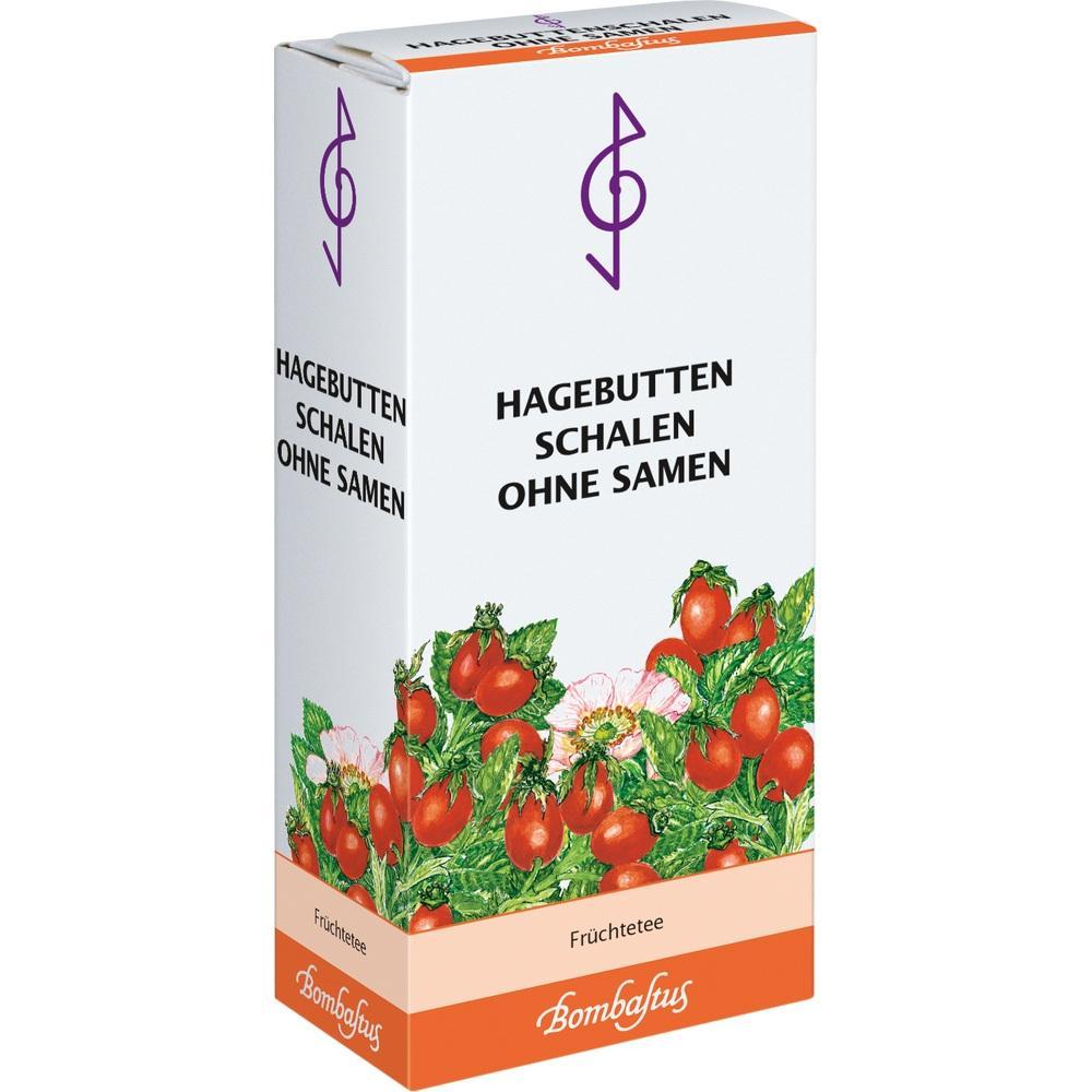 Eine Teepackung mit Hagebutten, ohne Samen, auf wei&szlig;em Hintergrund.