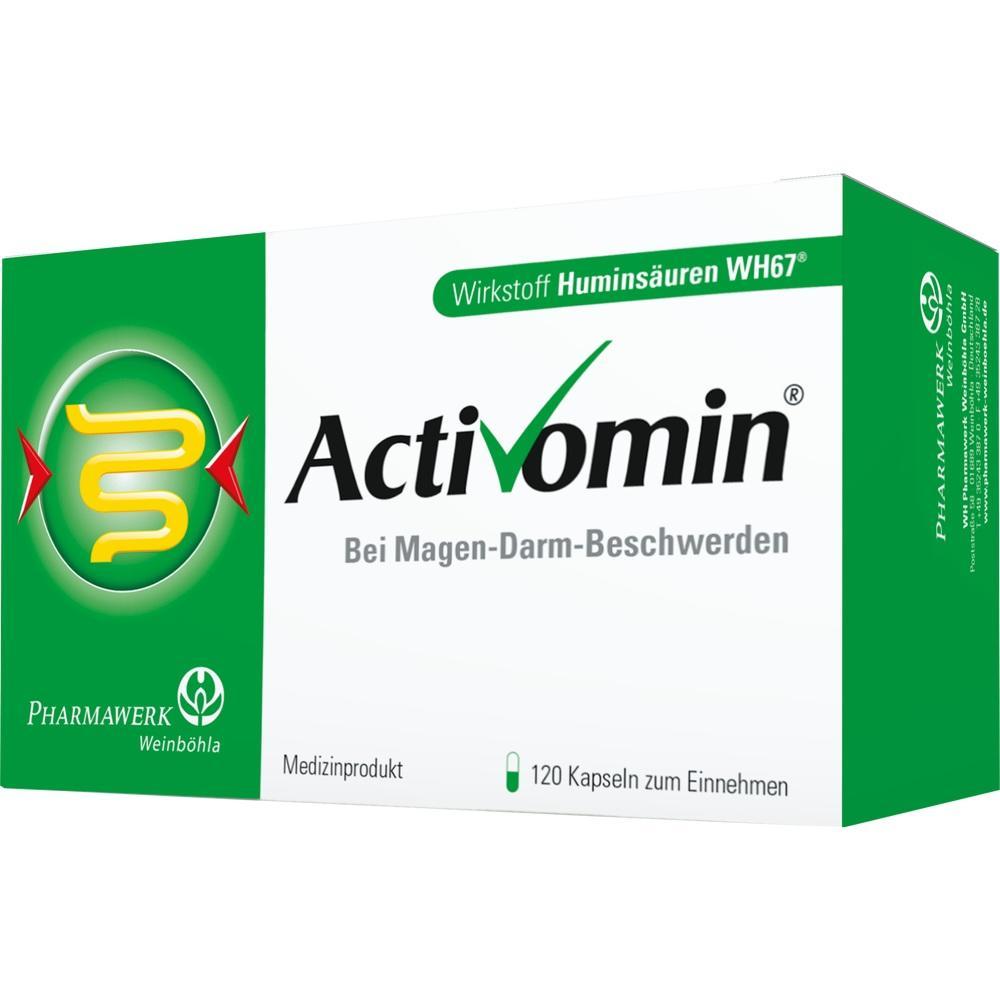 Gr&uuml;ne Medikamentenverpackung mit der Aufschrift "Activomin" f&uuml;r Magen-Darm-Beschwerden.