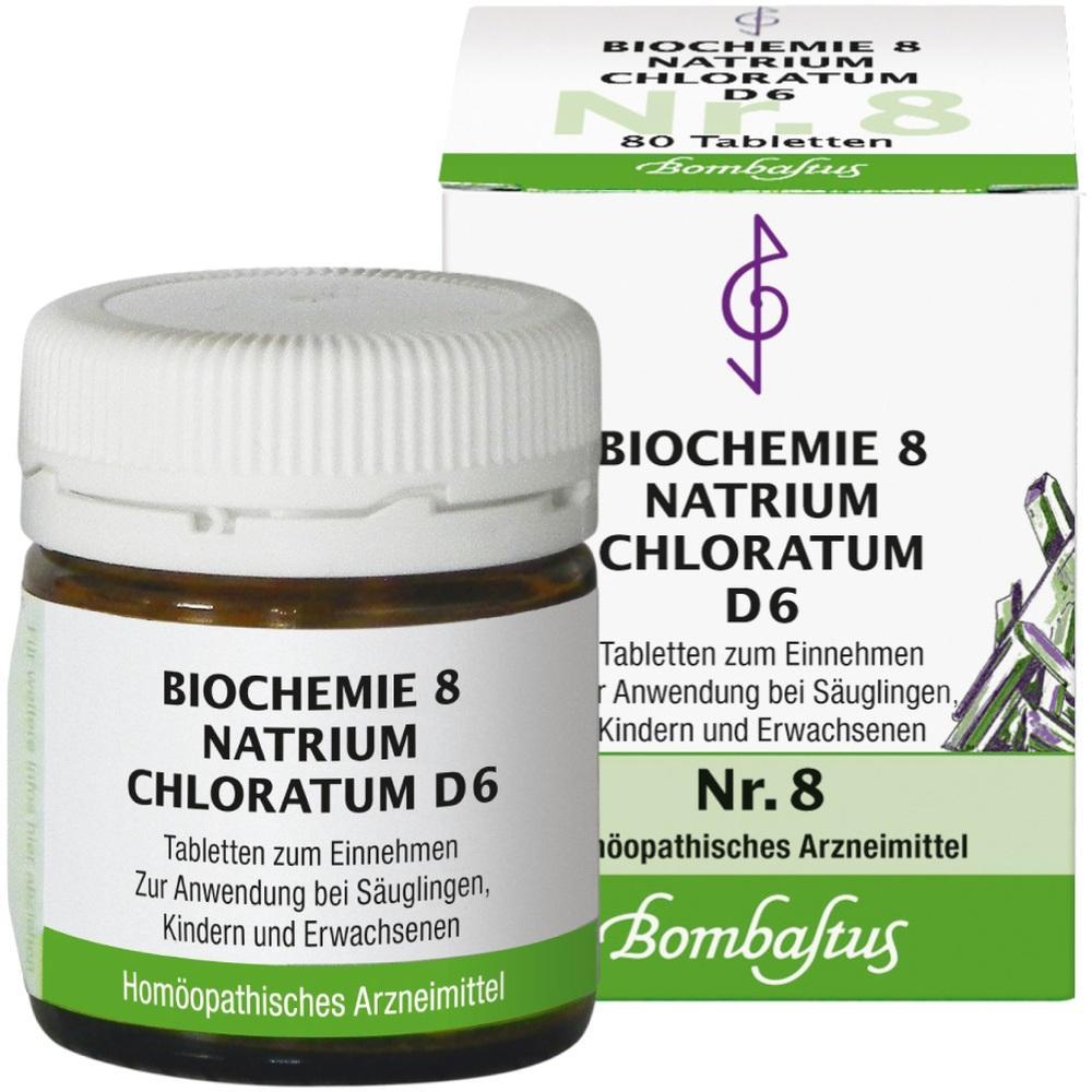 Braunes Glas mit wei&szlig;en Tabletten und gr&uuml;ner Verpackung mit Aufschrift "Biochemie 8 Natrium Chloratum D6".