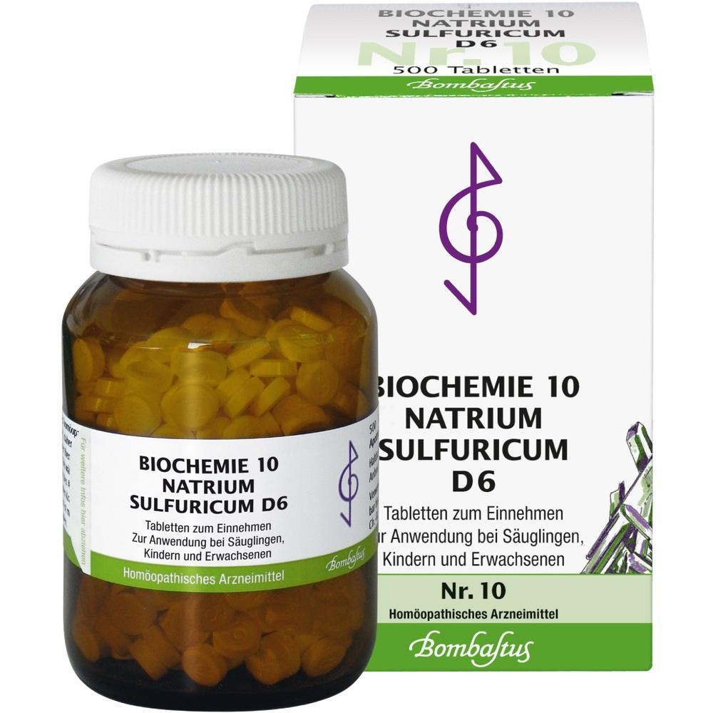 Braunes Glas mit Tabletten und dazugeh&ouml;rige Verpackung, beide beschriftet mit "Biochemie 10".
