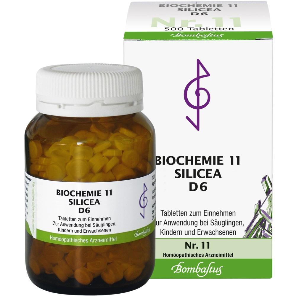 B braunes Glas mit Tabletten und wei&szlig;e Schachtel mit Aufschrift "Biochemie 11 Silicea D6".