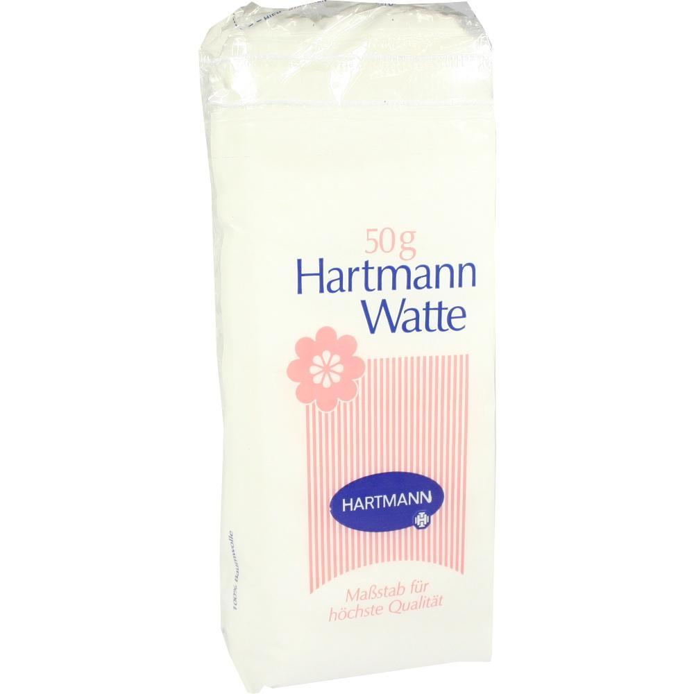Eine wei&szlig;e Packung Hartmann Watte mit 50 Gramm Inhalt.