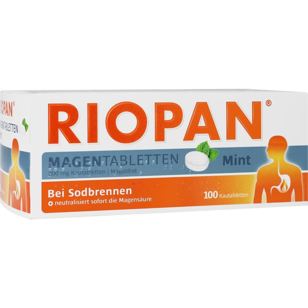 Verpackung von Riopan Magen-Tabletten gegen Sodbrennen mit Minzgeschmack.