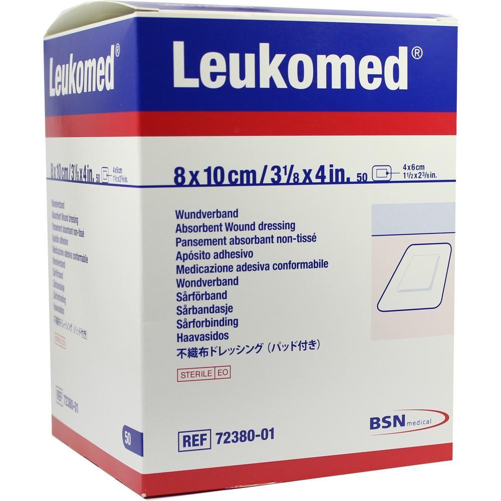 Eine blaue und wei&szlig;e Verpackung mit der Aufschrift "Leukomed" f&uuml;r sterile Wundverb&auml;nde.